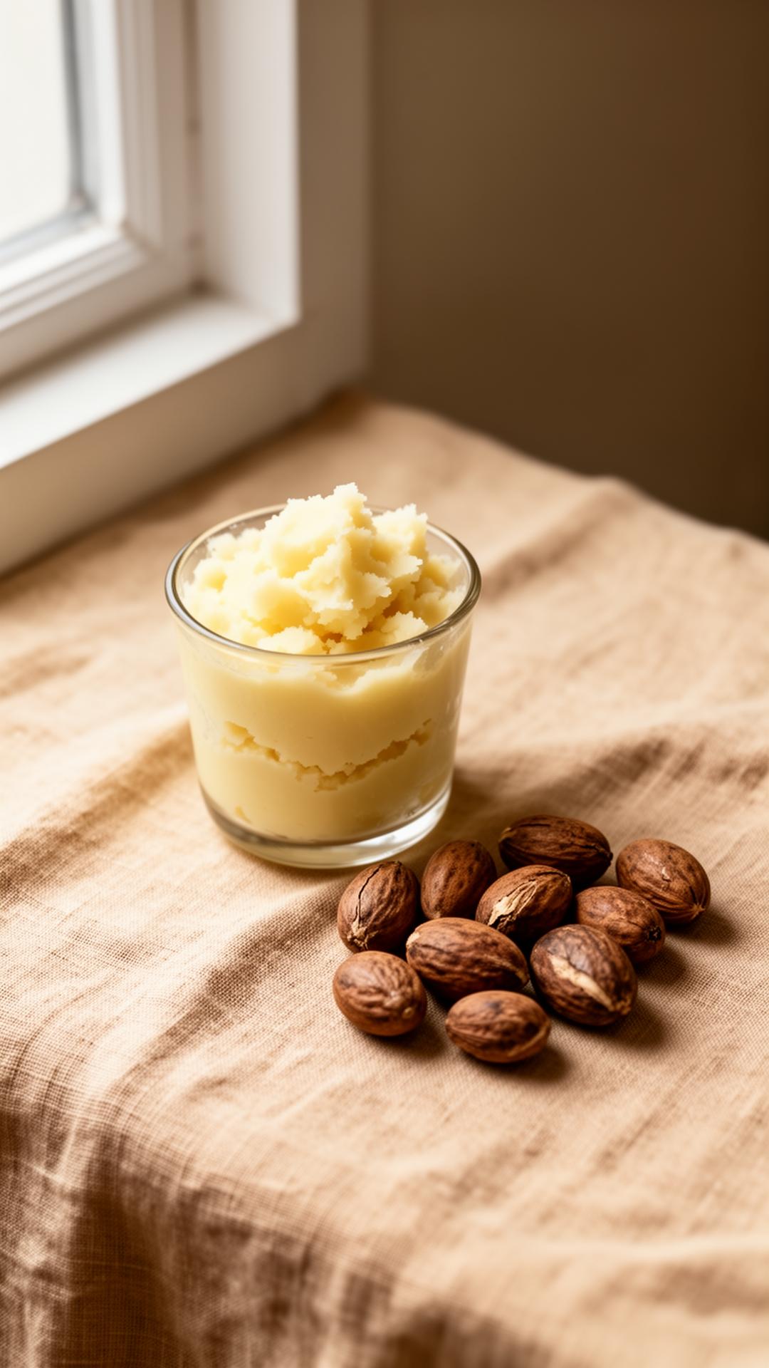 Unrefined shea butter beside raw shea kernels in soft natural light