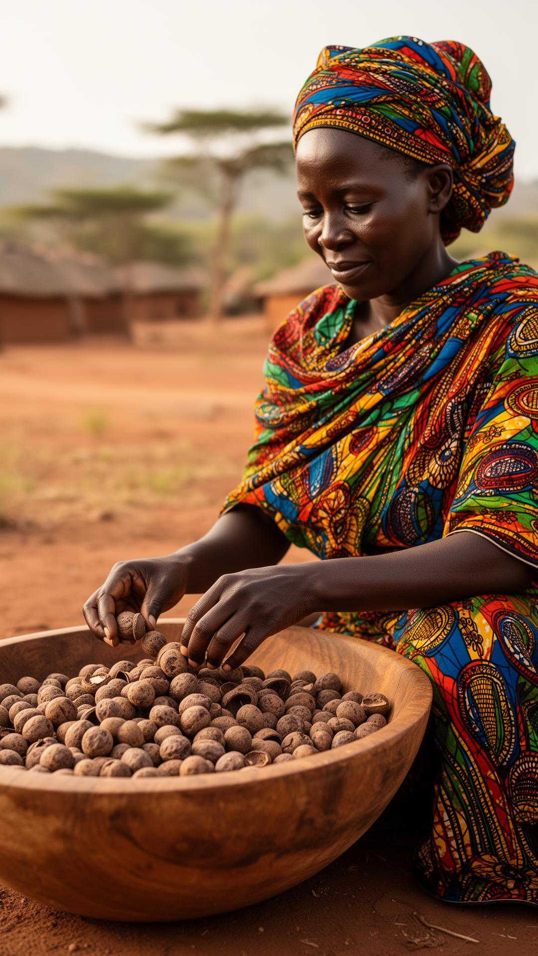 A woman producer in West Africa sorting shea nuts